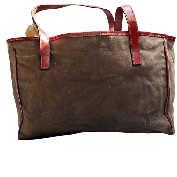 burberry brown distressed cotton canvas red leather ethnic print lined t… - Picture 8 of 8